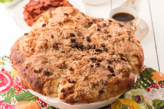 A plate of food, with Coffee cake