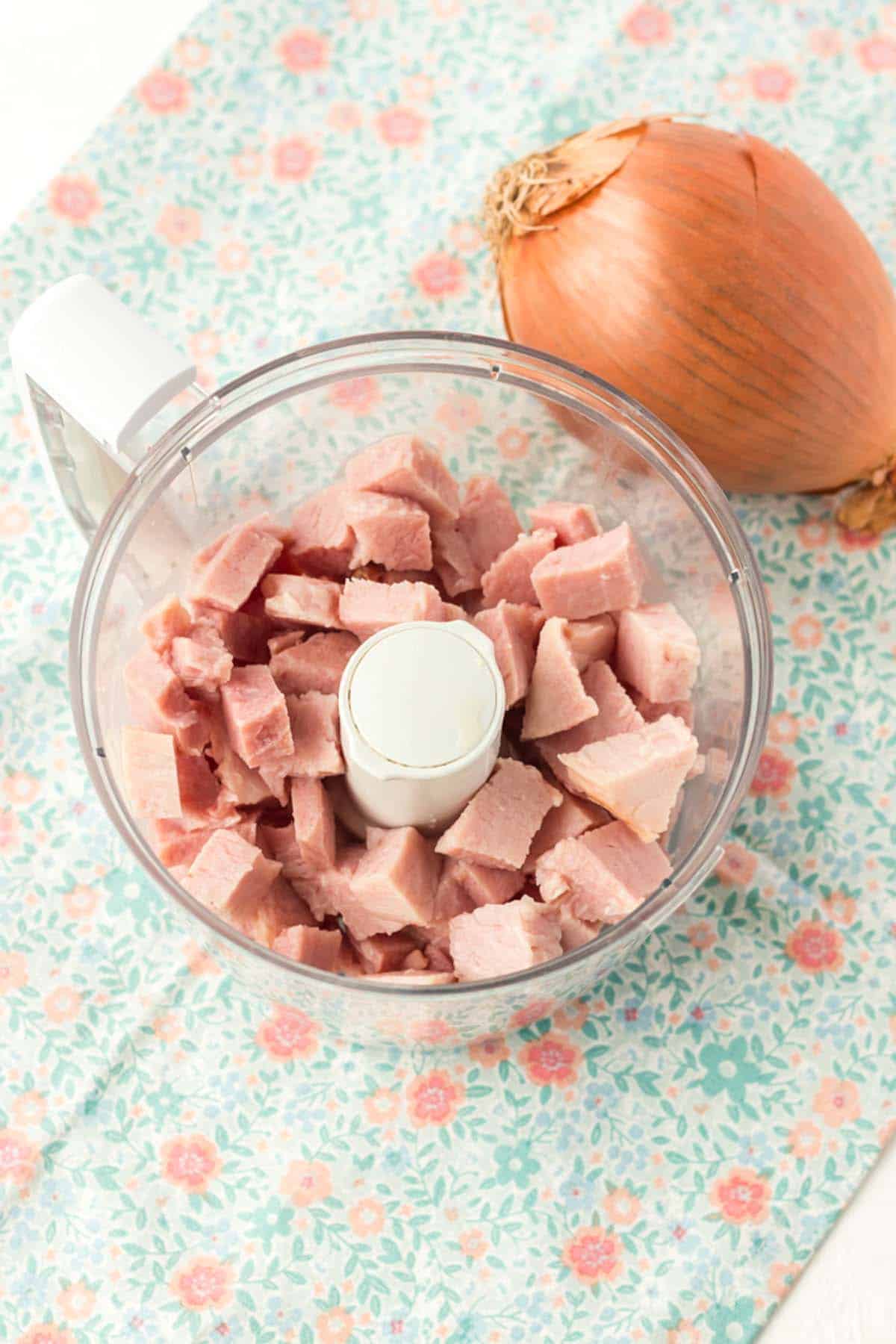 Some chopped ham in a bowl.