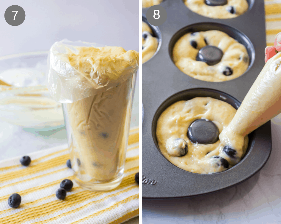 Usinng a piping bag to fill molds in donut pan.