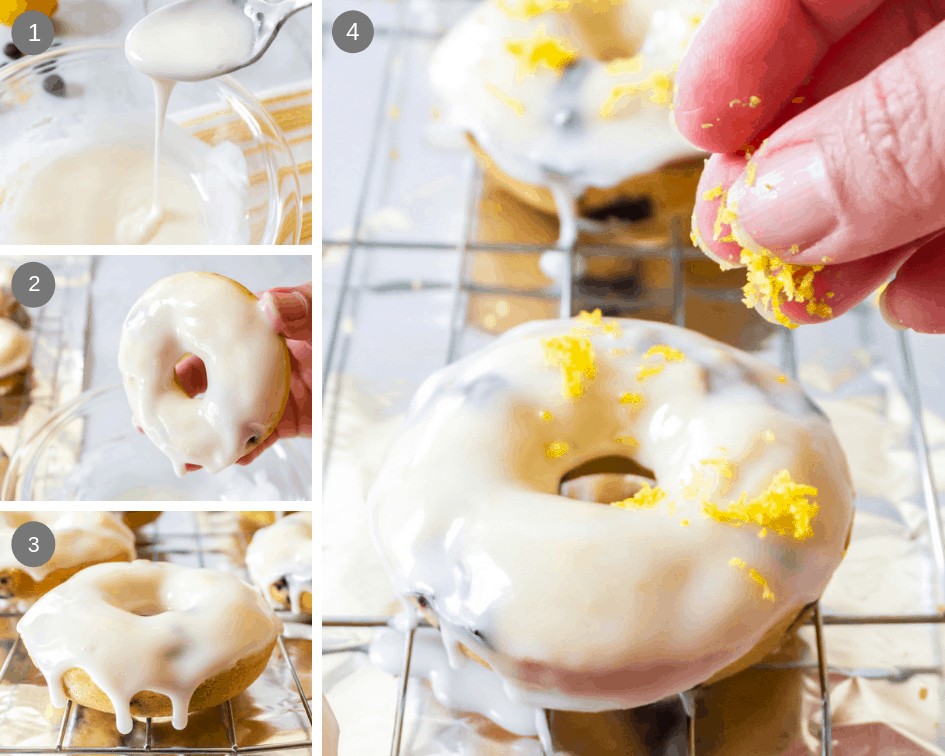 Glazing a homemade donut with lemon zest