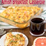 breakfast table with make-ahead breakfast casserole, coffee and grapefruit.