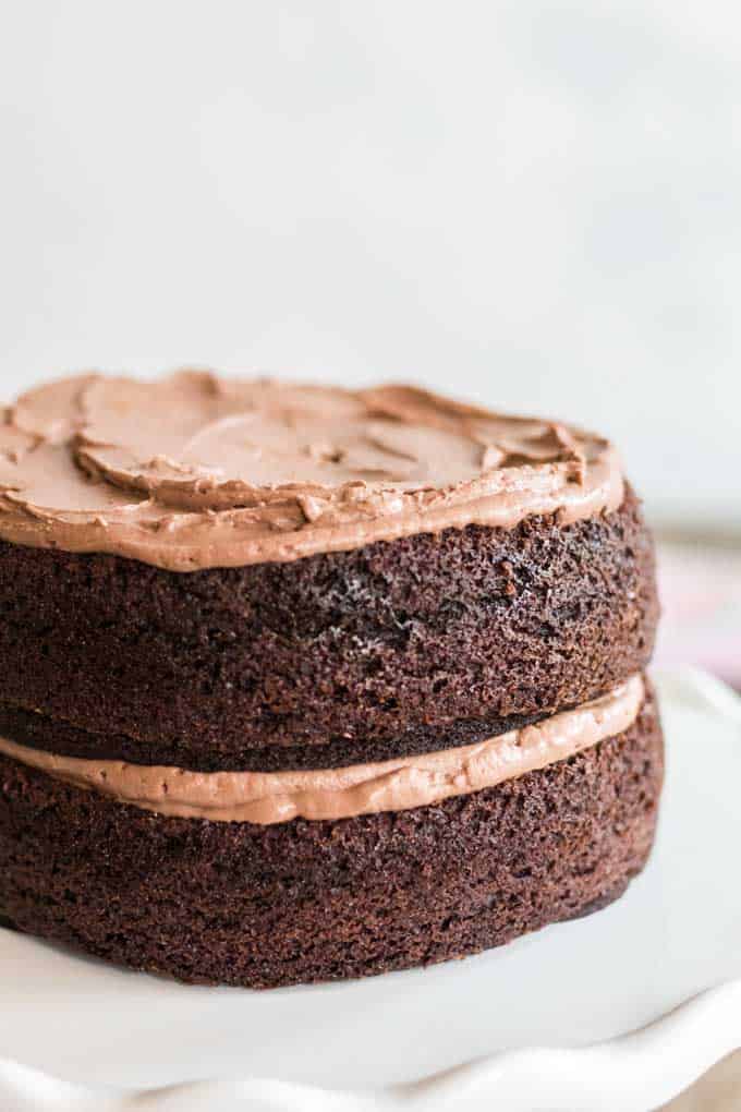 Two layers of chocolate cake with frosting