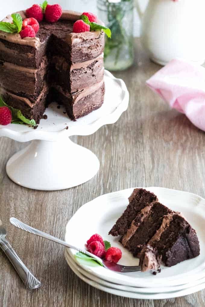 A piece of chocolate cake on a plate