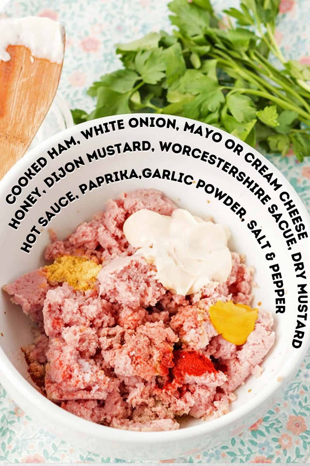A mixing bowl of chopped ham and other ingredients.