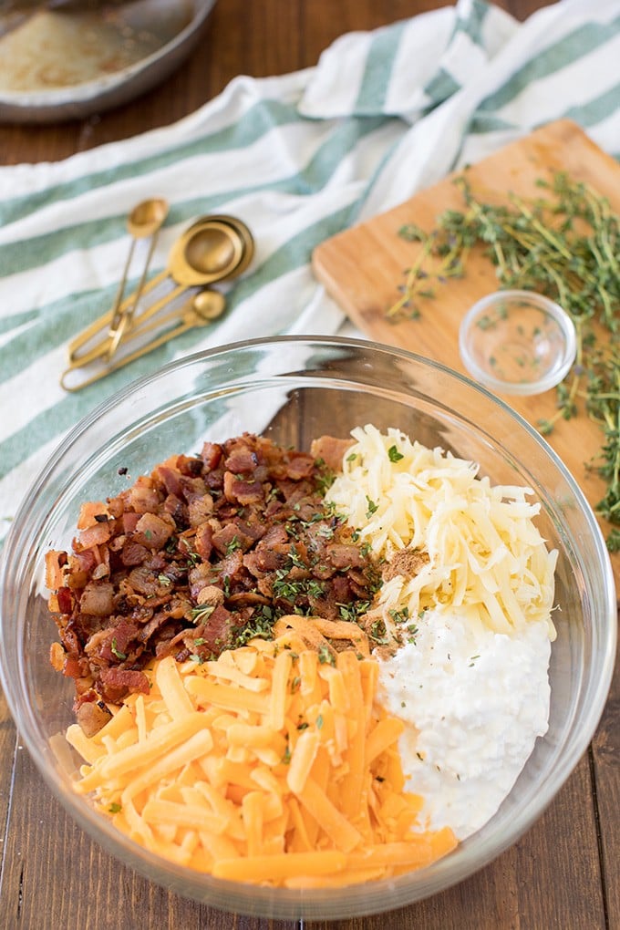 Bowl of bacon and cheese for make-ahead breakfast,