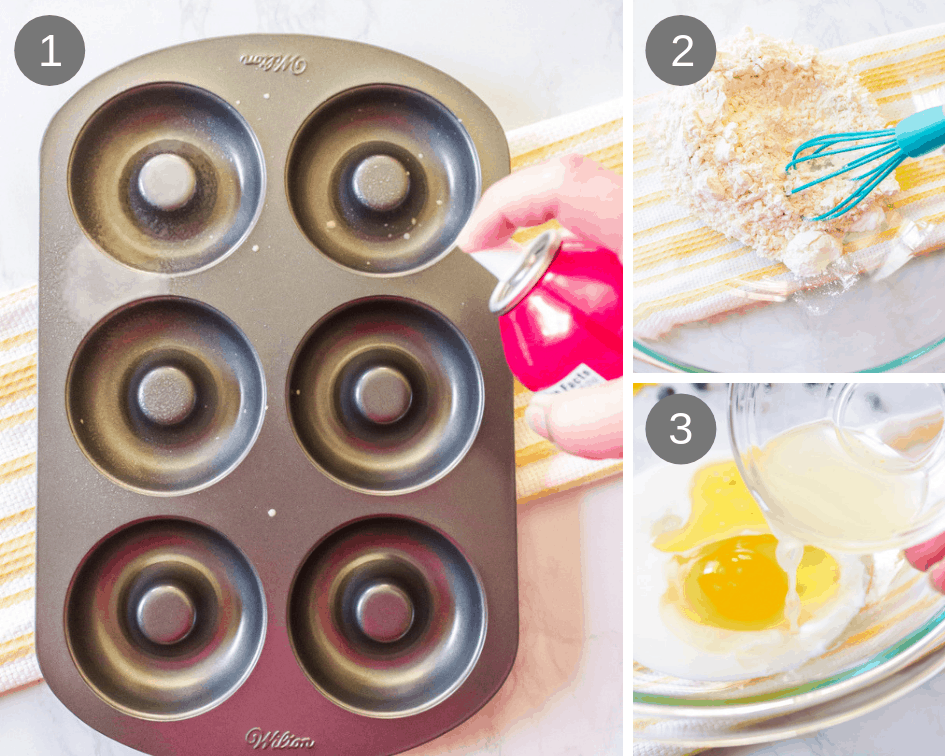 Donut baking pan with dry and wet ingredients for baked donut recipe.