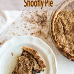 overhead view of shoofly pie on white plate.