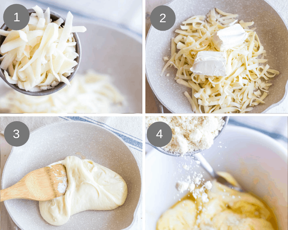 A mixing bowl with fathead dough ingredients