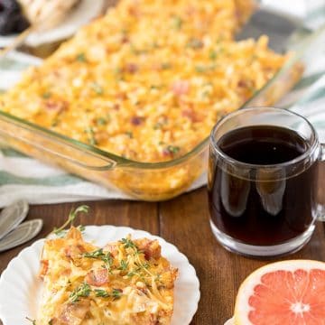 Pan of Amish Breakfast Casserole with coffee