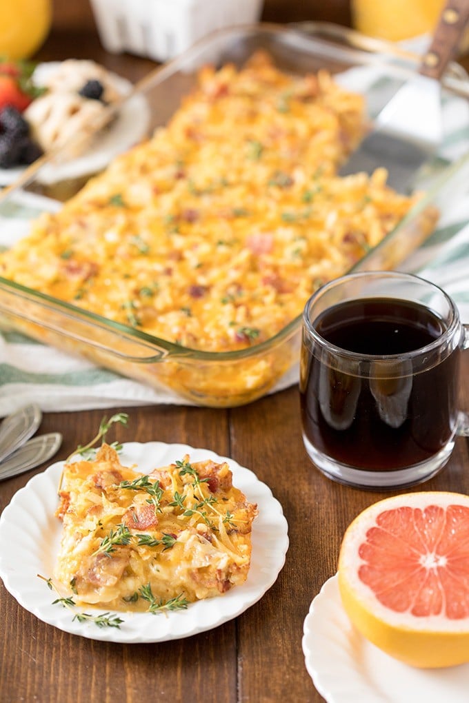 Pan of Amish Breakfast Casserole with coffee