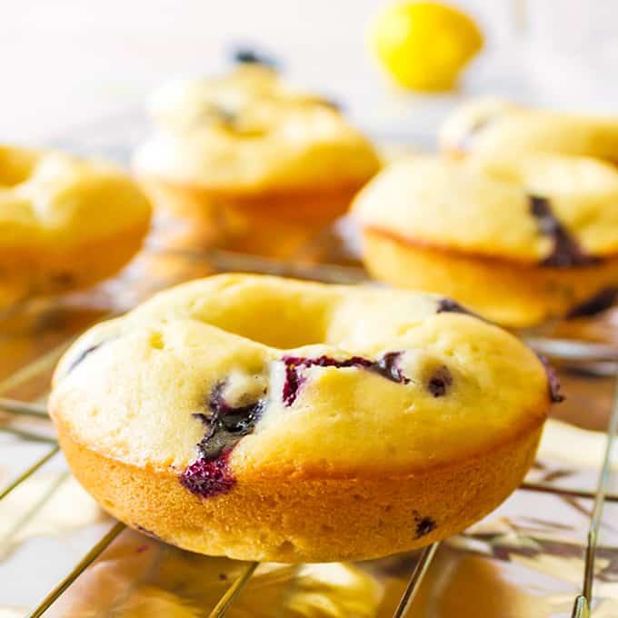 Baked blueberry donut cooling on a wire rack.