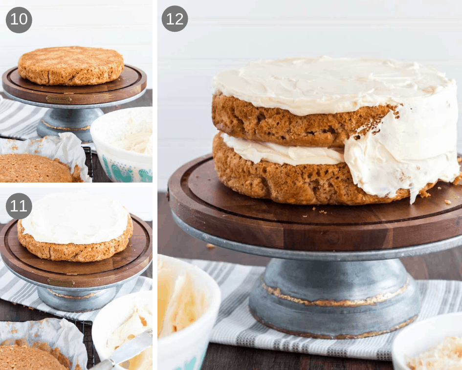 Spreading a classic cream cheese frosting on a homemade layer cake.