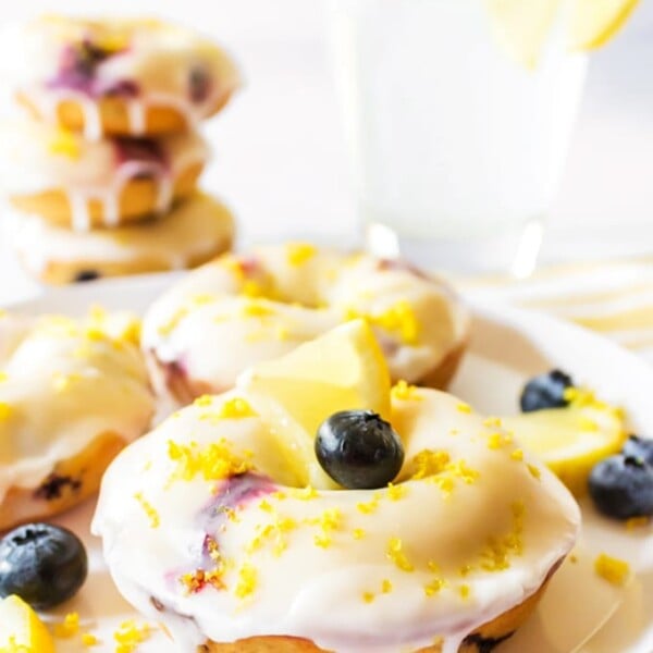 bludeberry donuts with lemon glaze and ice water.