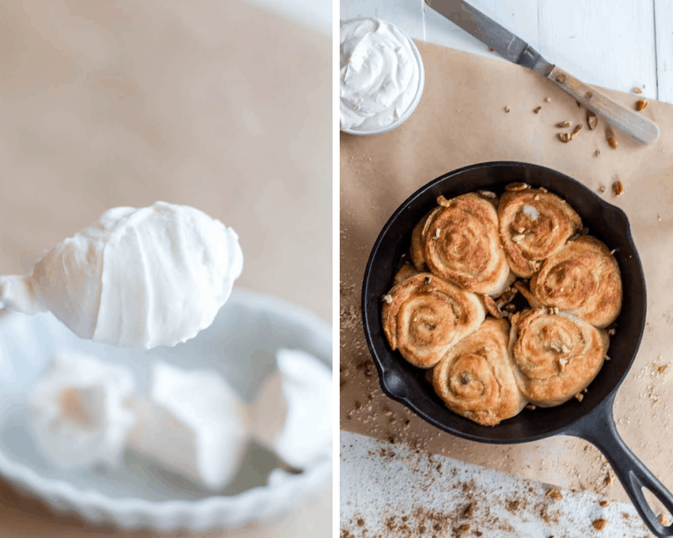 A bowl of icing for cinannamon rolls