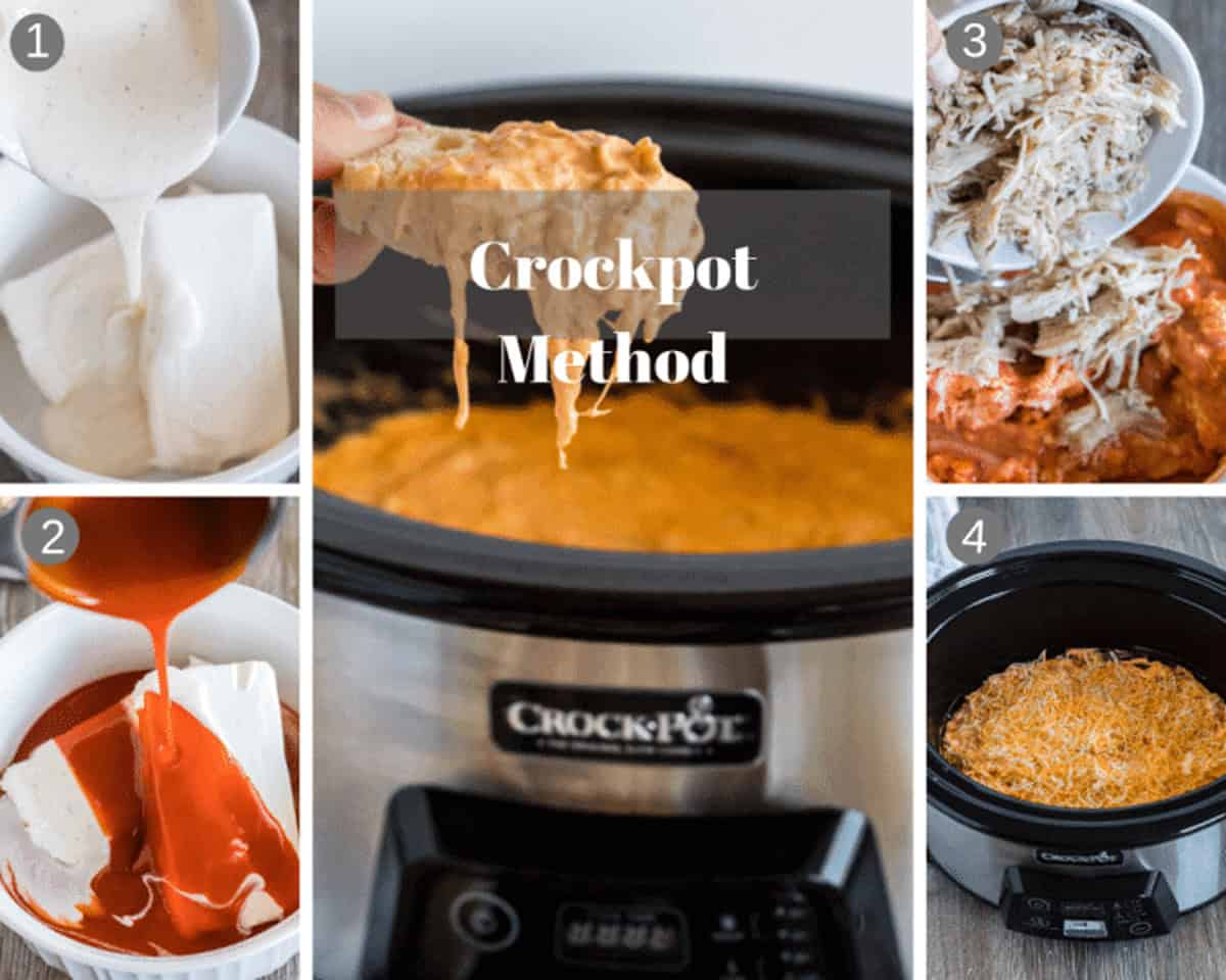 Scooping chicken wing dip out of a crock pot and the steps for making it.