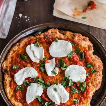 Low carb pizza on a pizza pan.