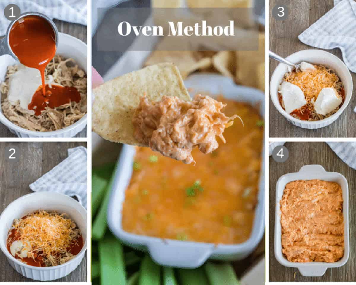 Some chicken wing dip and the different steps in making it.