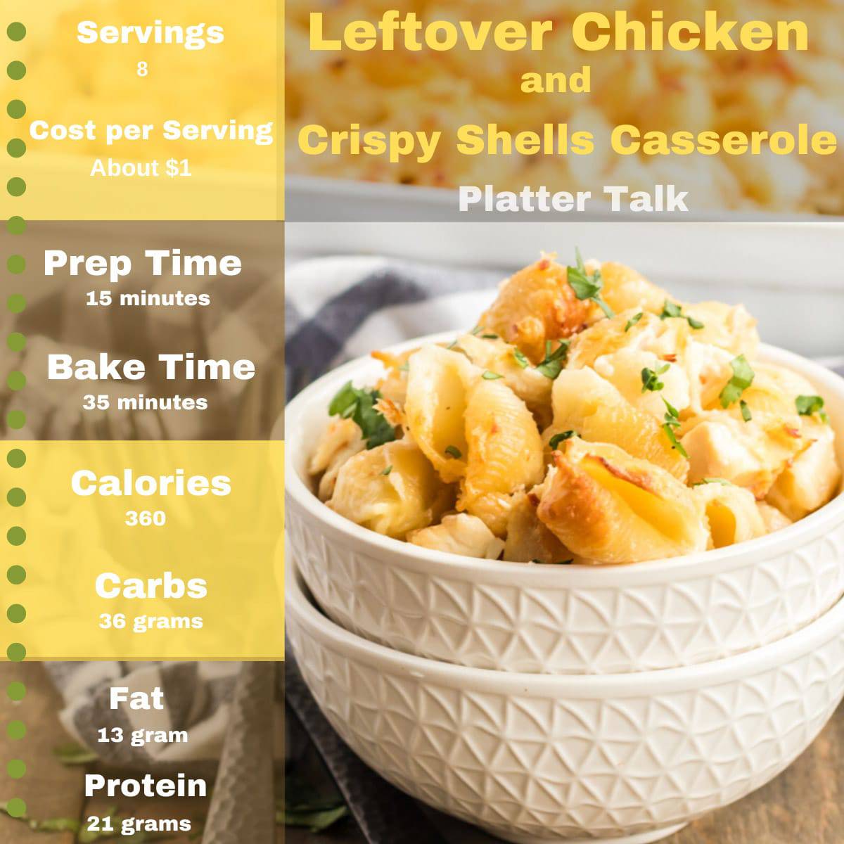 Bowl of baked pasta shells and chicken with nutriion information.