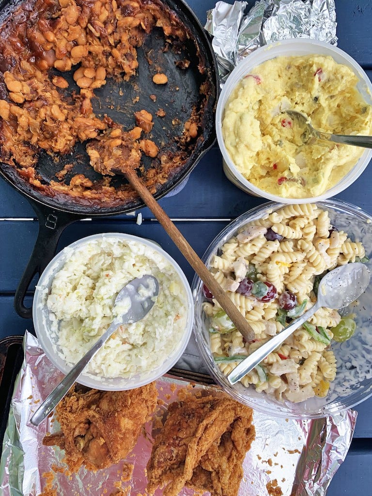 Instant Pot Beans with potato salad fried chicken, and cole slaw.