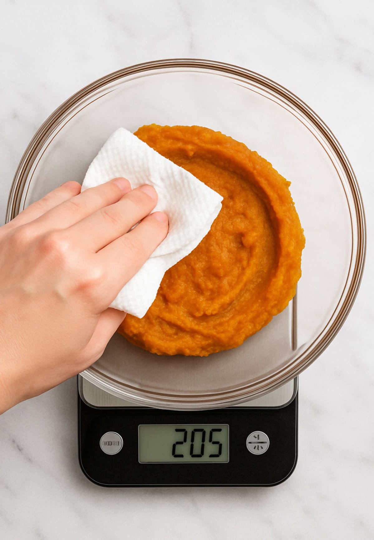 Using a paper towel to blot out excess moisture from pumpkin puree.