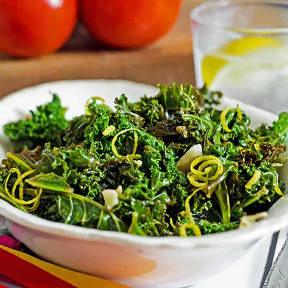 Serving bowl of steamed kale.