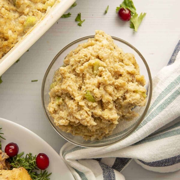 A bowl with cornbread dressing