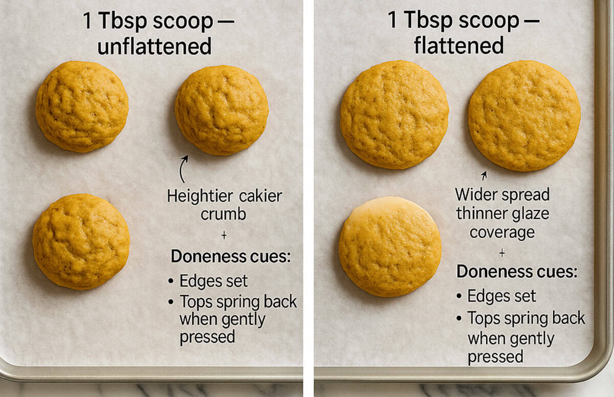 Some baked pumpkin cookies showing flattened ones vs unflattened.