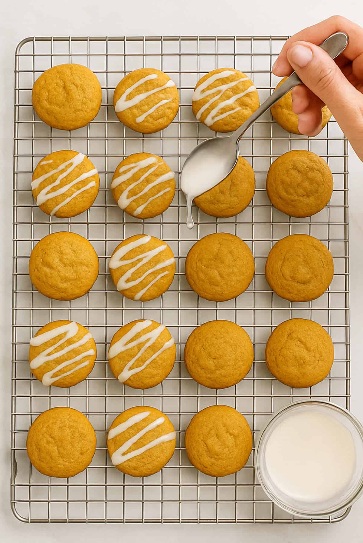 Applying vanilla glaze to a soft pumpkin cookie.