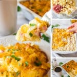 Forkful of cheesy potato casserole serving and process steps for funeral potatoes recipe.