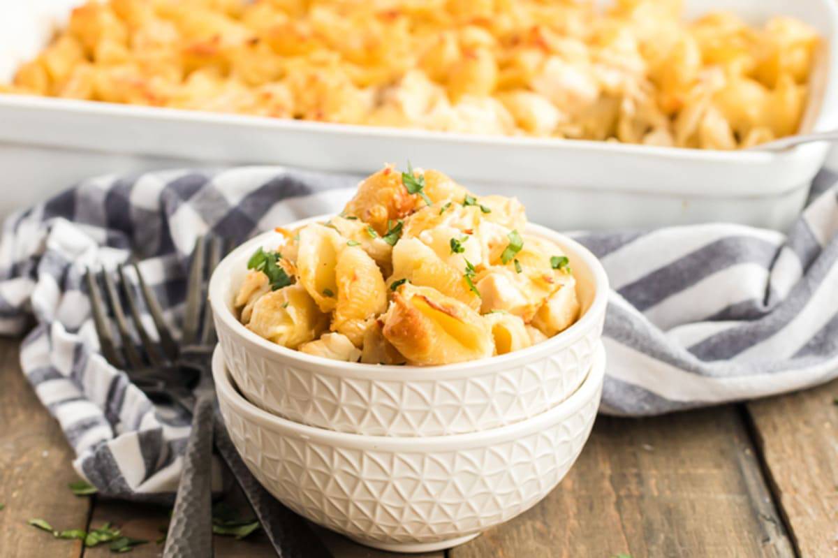 Bowl of ftover chicken casserole.