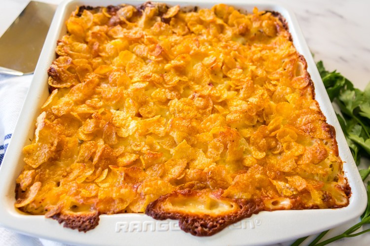 Finished pan of hashbrown casserole out of the oven.