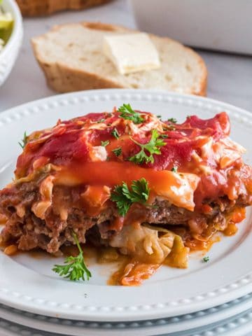 Cabbage Roll Casserole or Lazy Golumpki on a serving plate.
