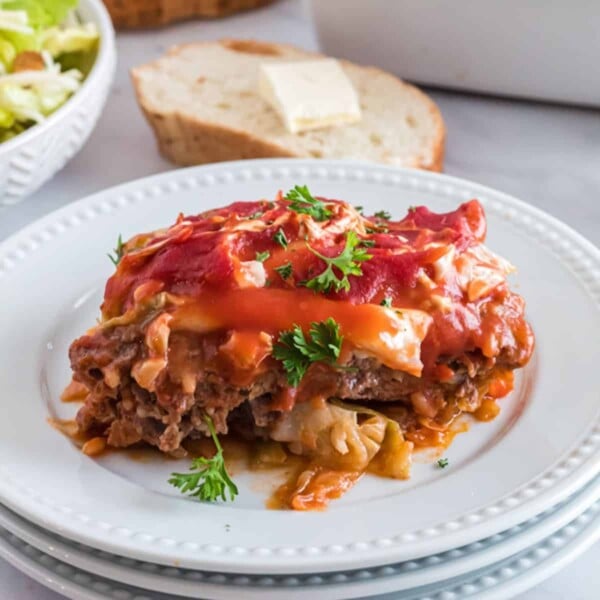Cabbage Roll Casserole or Lazy Golumpki on a serving plate.