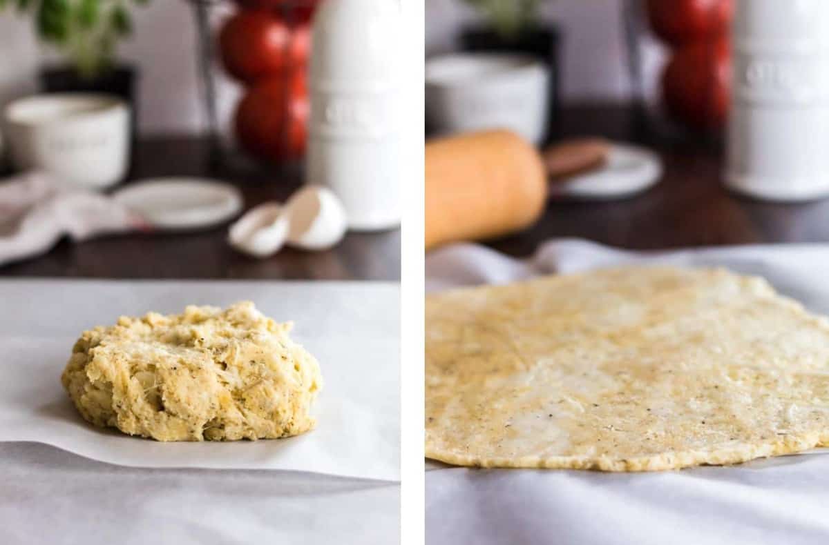 Low carb pizza crust being rolled out.