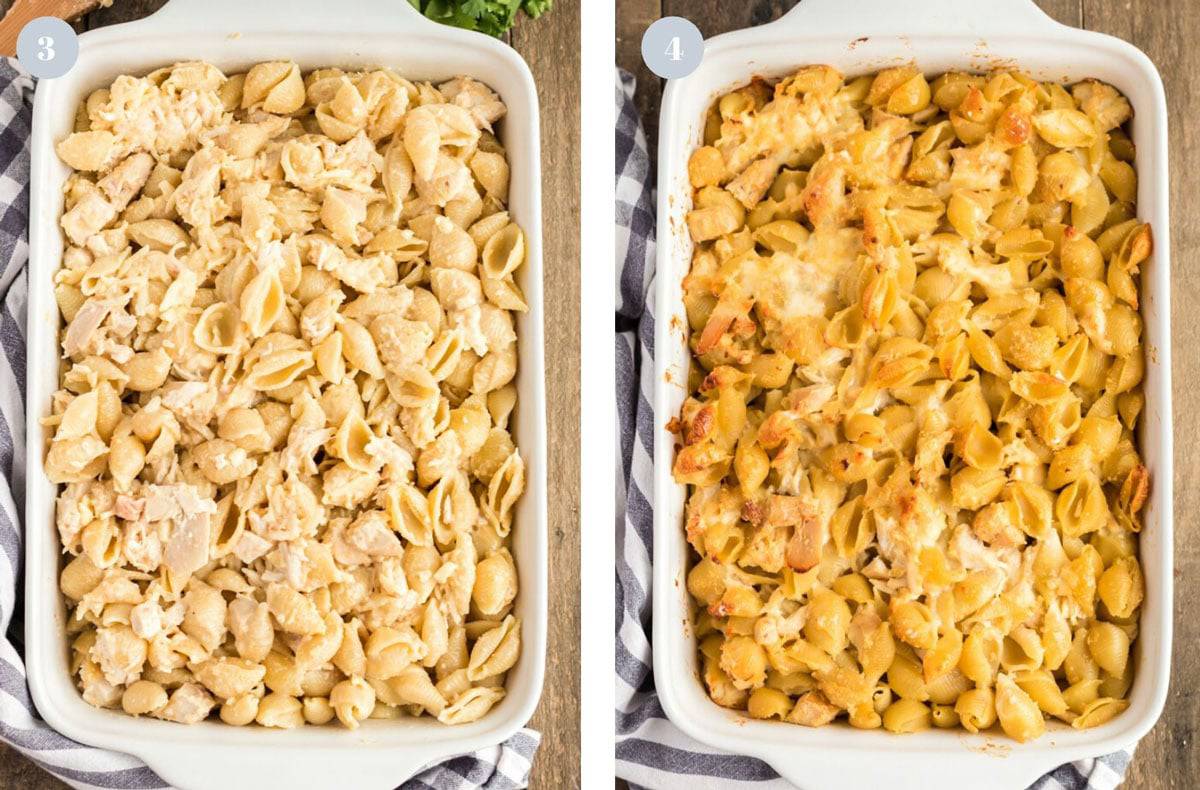 Side by sider comparision of an unbaked leftover chicken casserole and one that is baked.