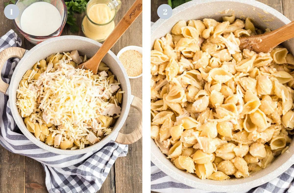 Stirring leftover chicken and other ingredients in a mixing bowl.