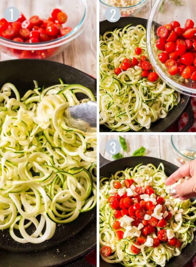 Making a zuccini noodles recipe zoodles in a skillet wth tomatoes