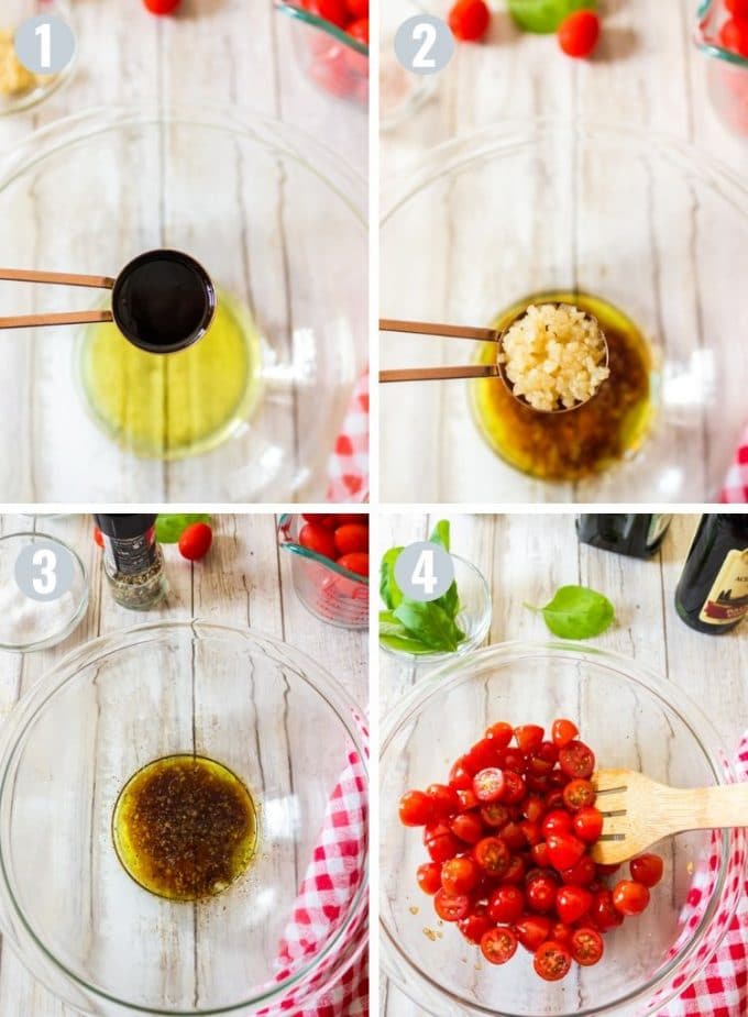Making tomato relish A mixing bowl with ingredients for chicken and zoodles