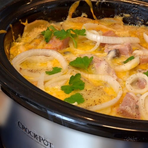 A slow cooker filled with ham and potatoes