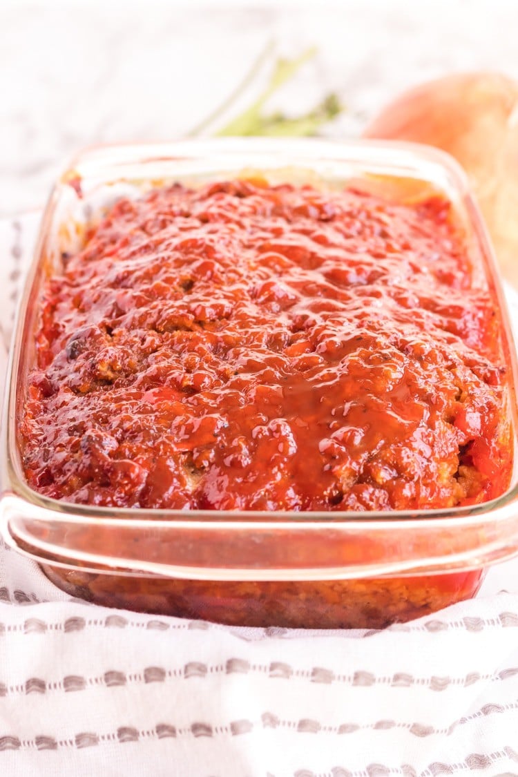 Fresh baked meatloaf in a pan.