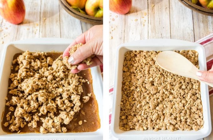 Adding crumb topping to oatmeal and apple butter bars.