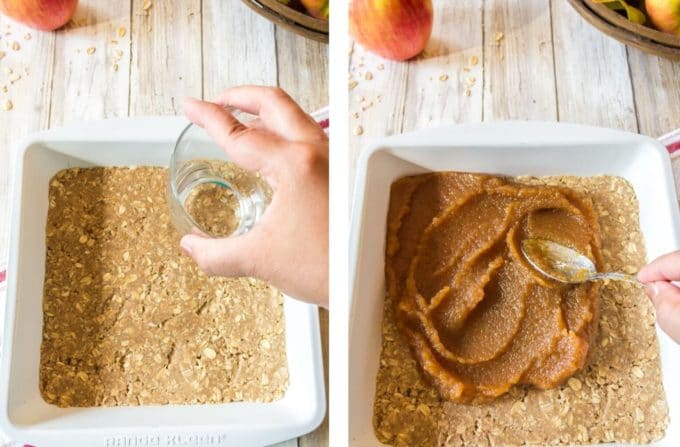 Pressing dough for oat bars into a baking pan and adding apple butter.