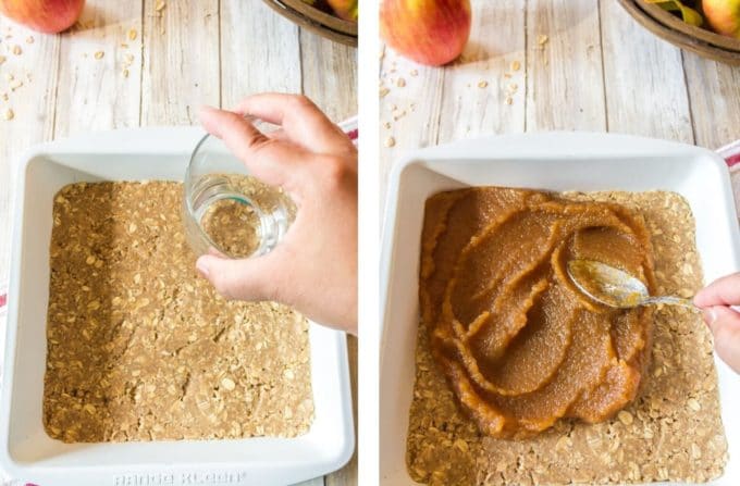 Pressing dough for oat bars into a baking pan and adding apple butter.