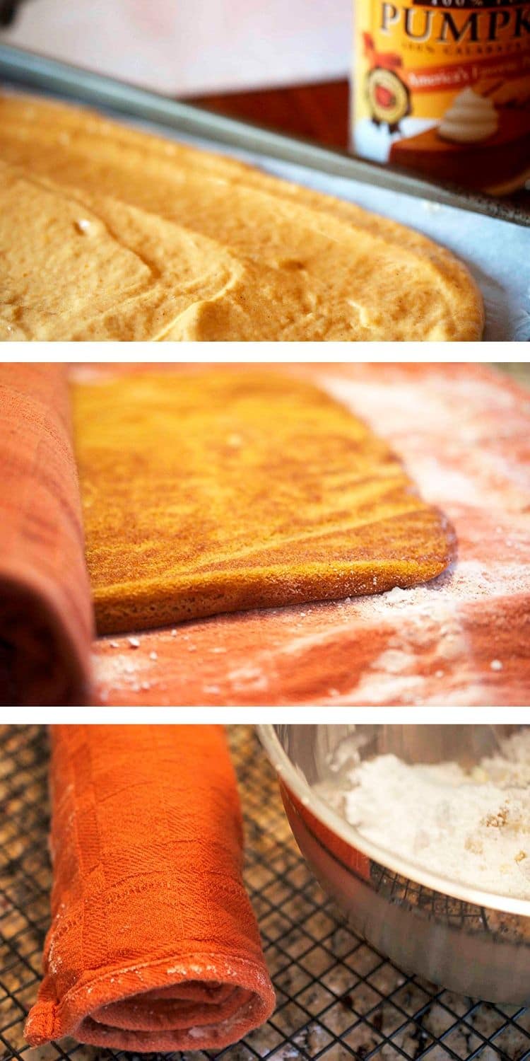 Rolling a pumpkin cake roll