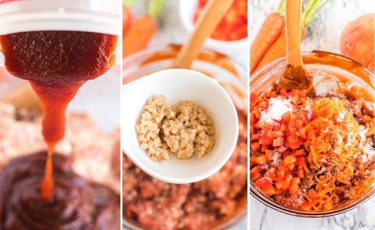 Barbecue sacue, galric, and fresh carrots being added to meatloaf mixture.