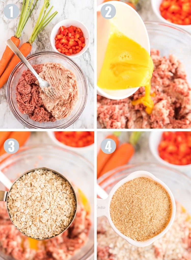 Process steps of making meatloaf, showing the ingredients being mixed.