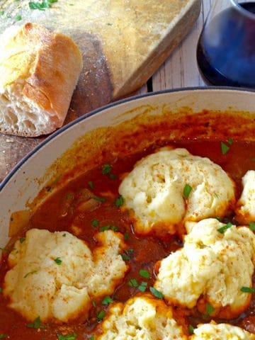 Pot of dumplings in a red goulash