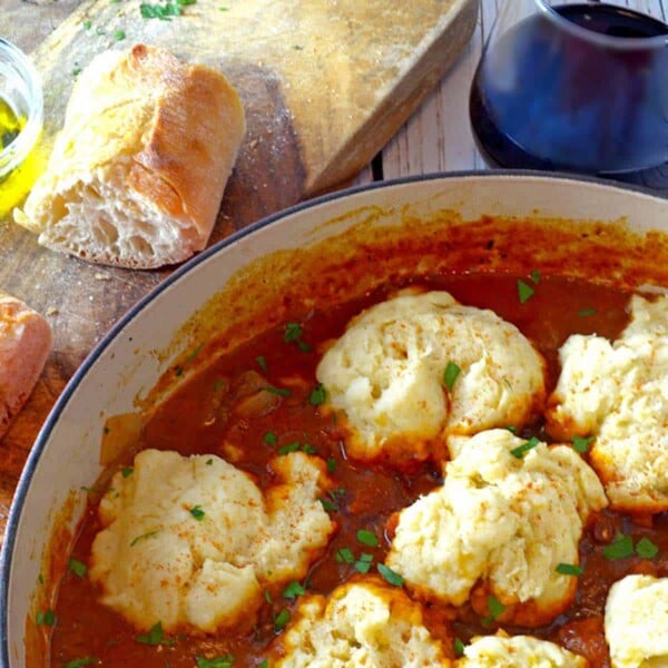 Pot of dumplings in a red goulash