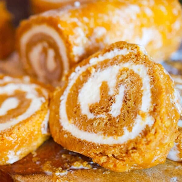 A pumpkin cake roll cut in half