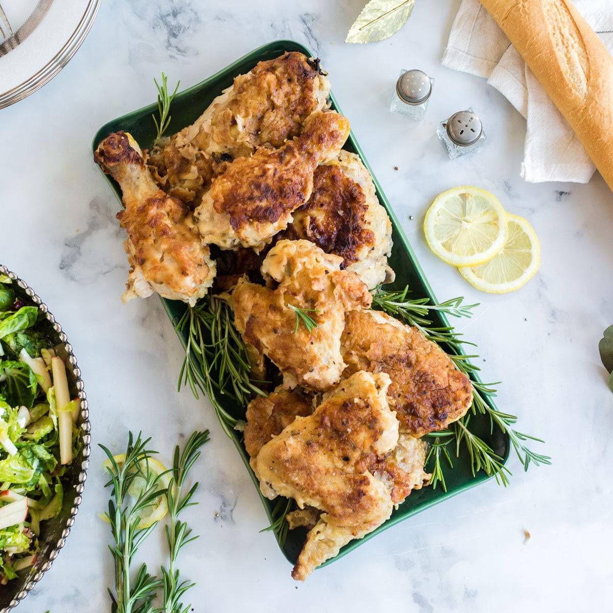 Serving platter filled with breaded chicken